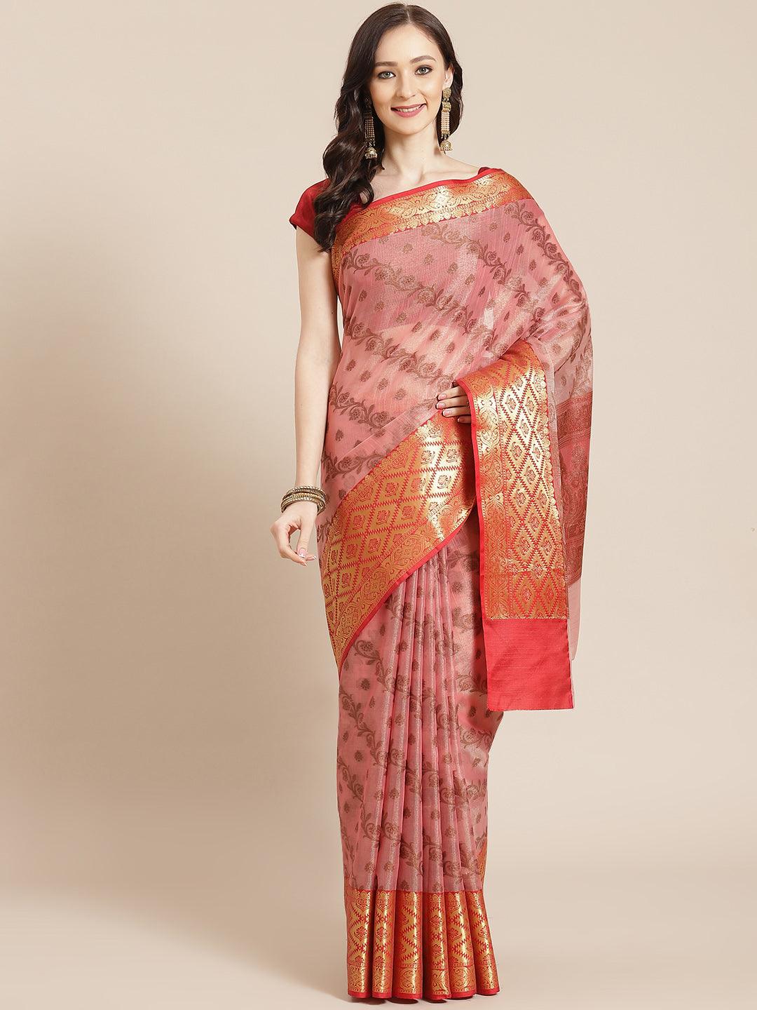 Women's Pink Cotton Silk Saree - Varanasi - Indiakreations