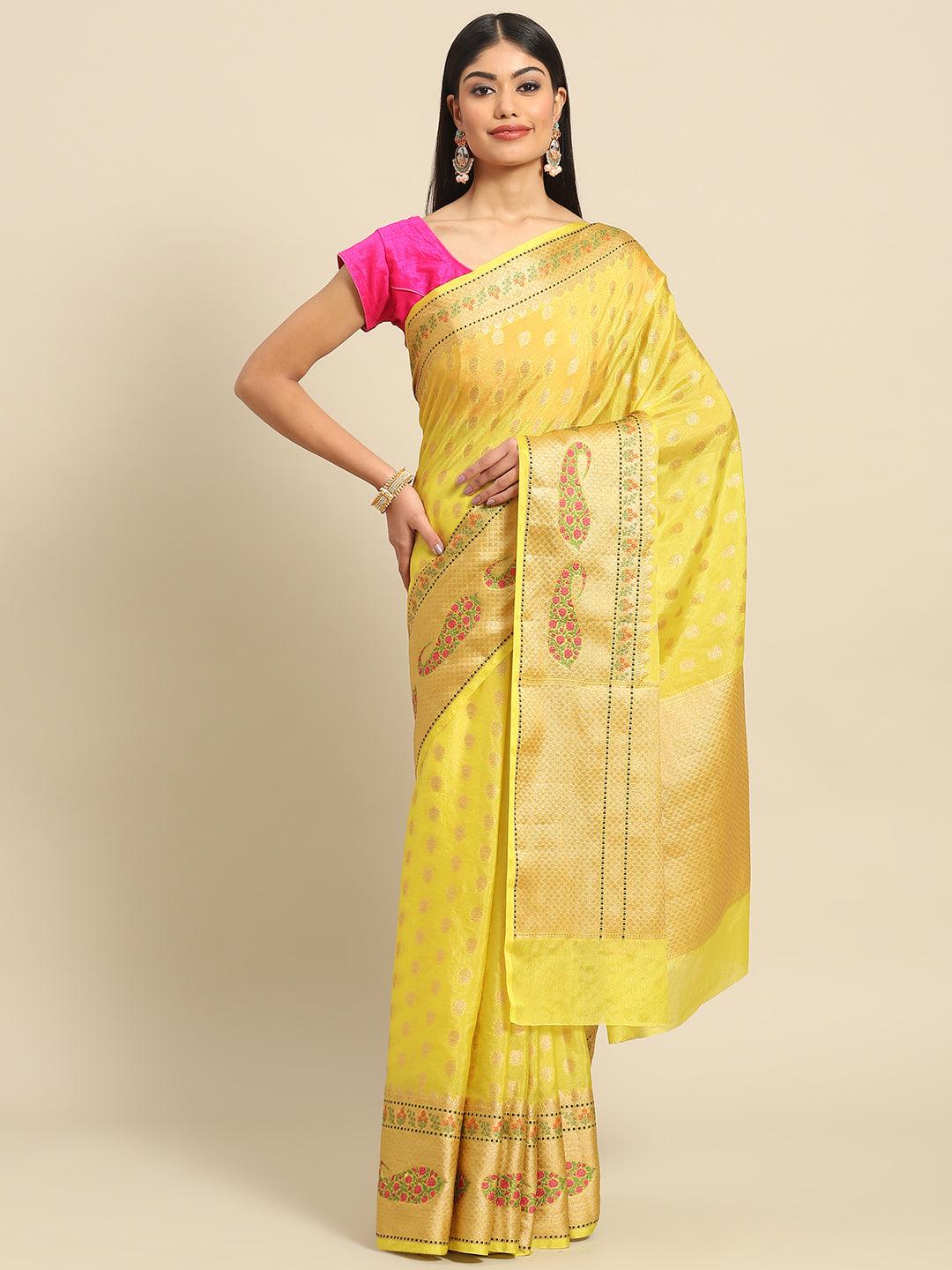 Women's Yellow Ethnic Motifs Zari Art Silk Banarasi Saree - Varanasi - Indiakreations