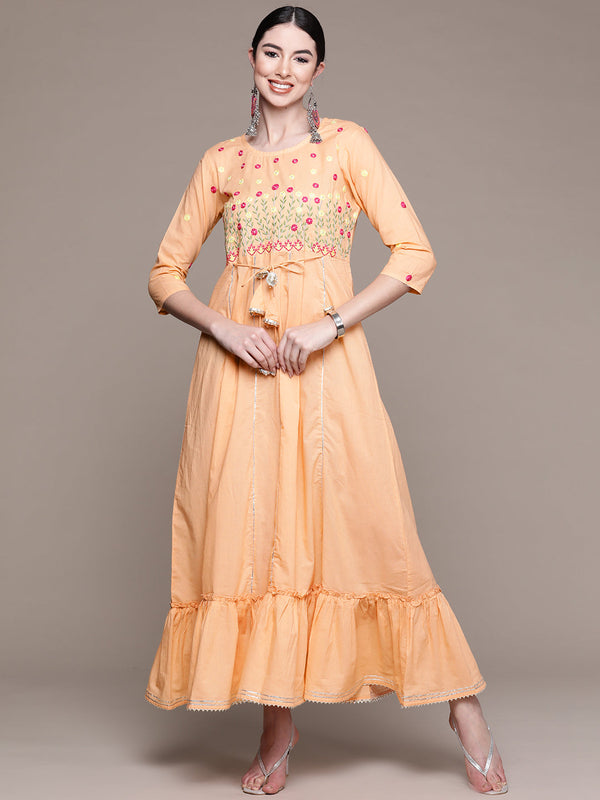 Women's Peach Yoke Embroidered Ethnic Dress - Anubhutee