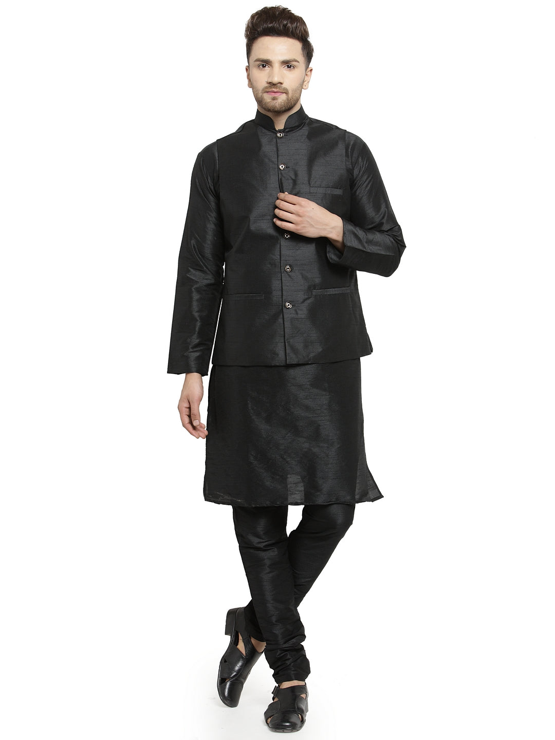 Men's Silk Blend Black Kurta With Pyjama & Black Nehru Jacket - Benstoke