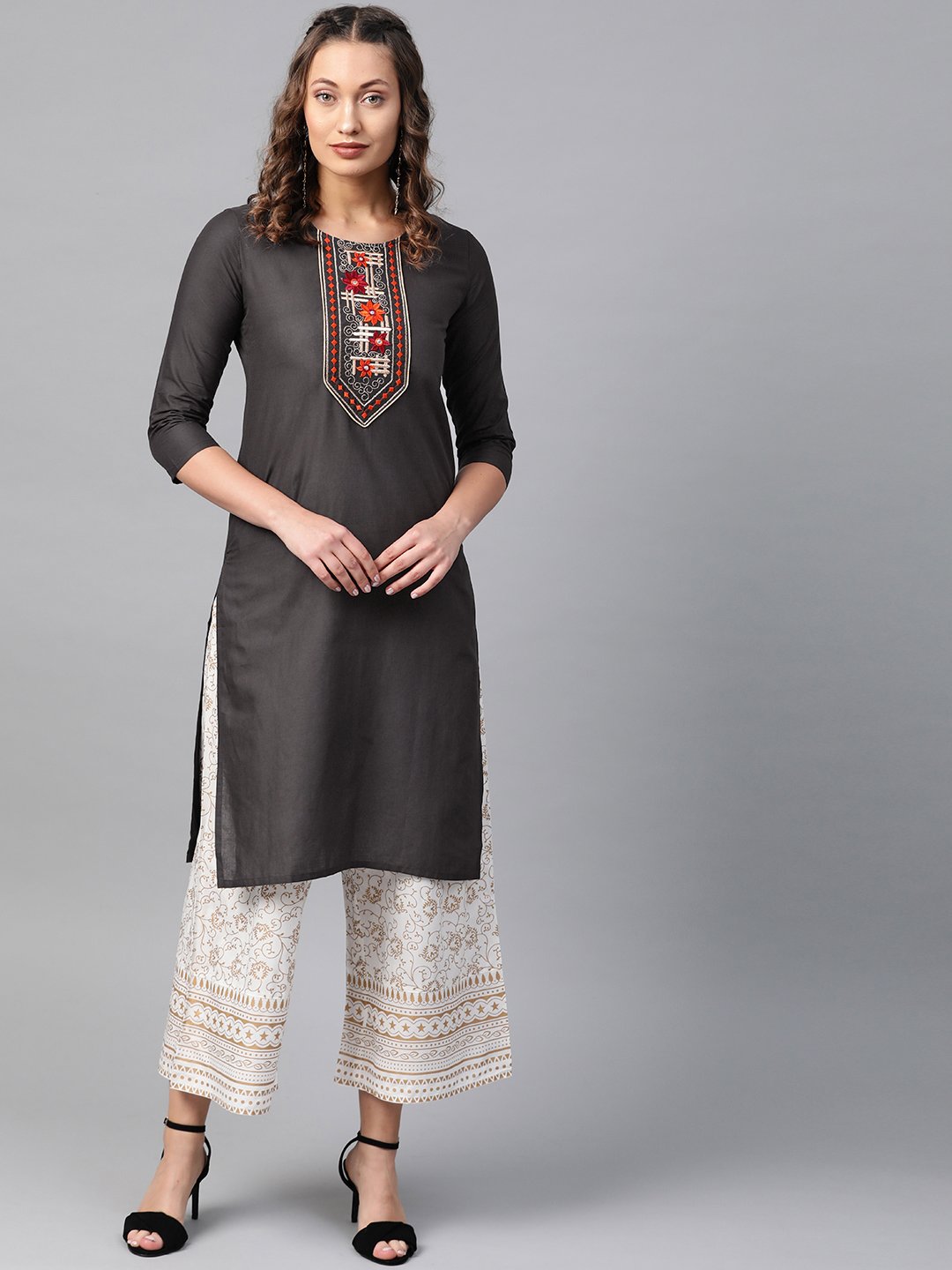 Women's Charcoal Grey Yoke Design Straight Kurta - Anubhutee