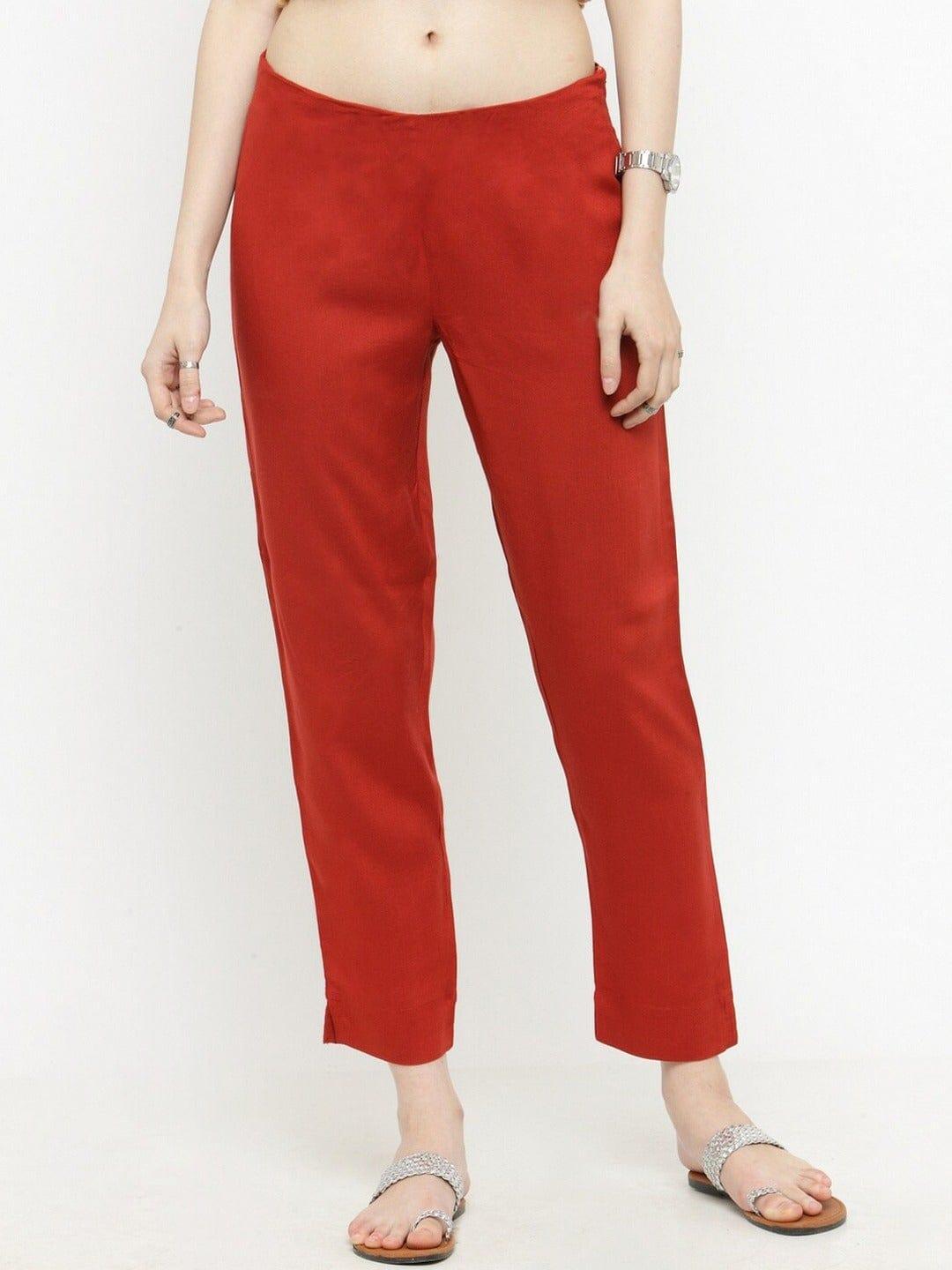 KSUT Red Straight Fit Solid Regular Trousers - Indiakreations