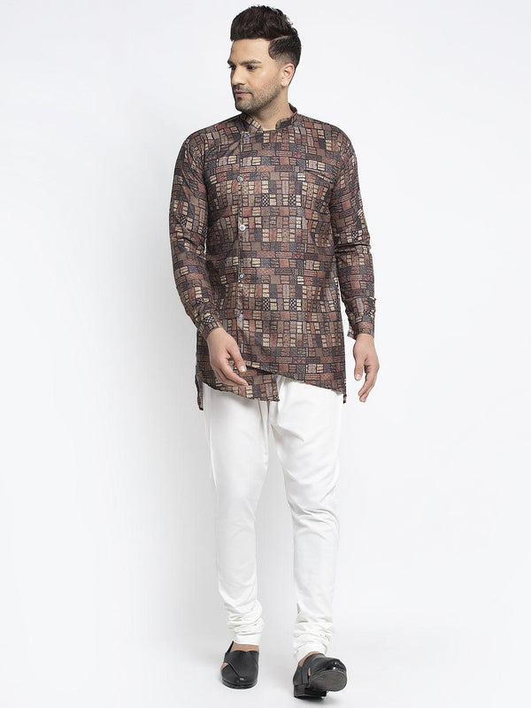 Men's Brown & Beige Printed Short Kurta With White Pyjama - Benstoke - Indiakreations