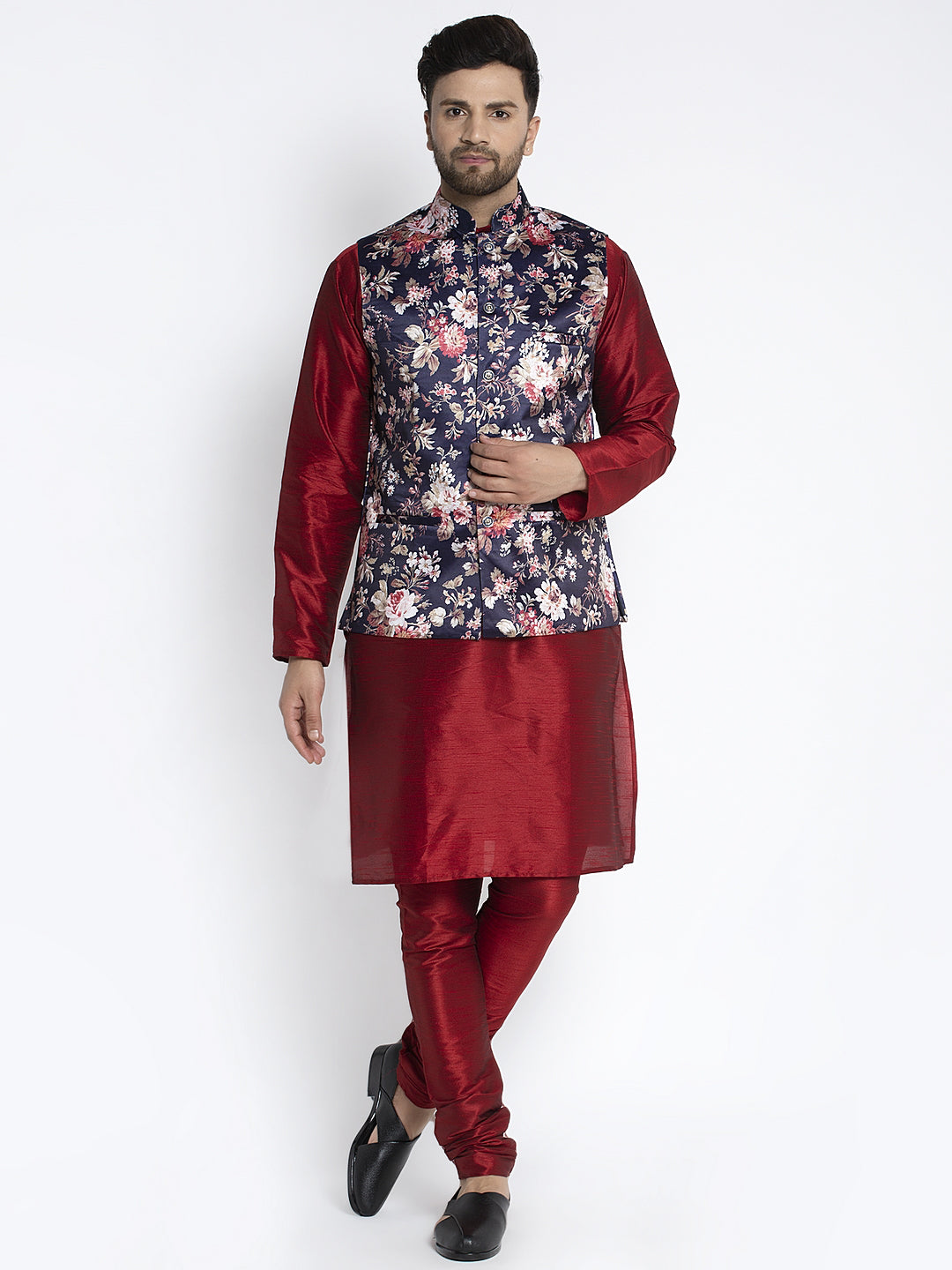 Men's Silk Blend Maroon Kurta With Pyjama & Navy Blue Printed Nehru Jacket - Benstoke