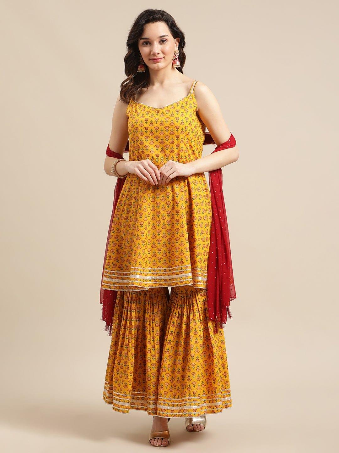 Mustard And Maroon Floral Printed Flared Strap Kurta With Sharara And Dupatta - Indiakreations