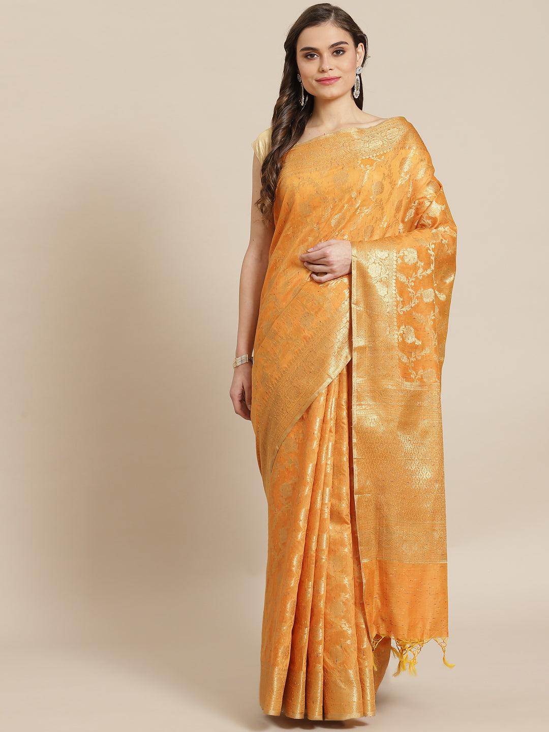 Women's Orange Cotton Silk Saree - Varanasi - Indiakreations