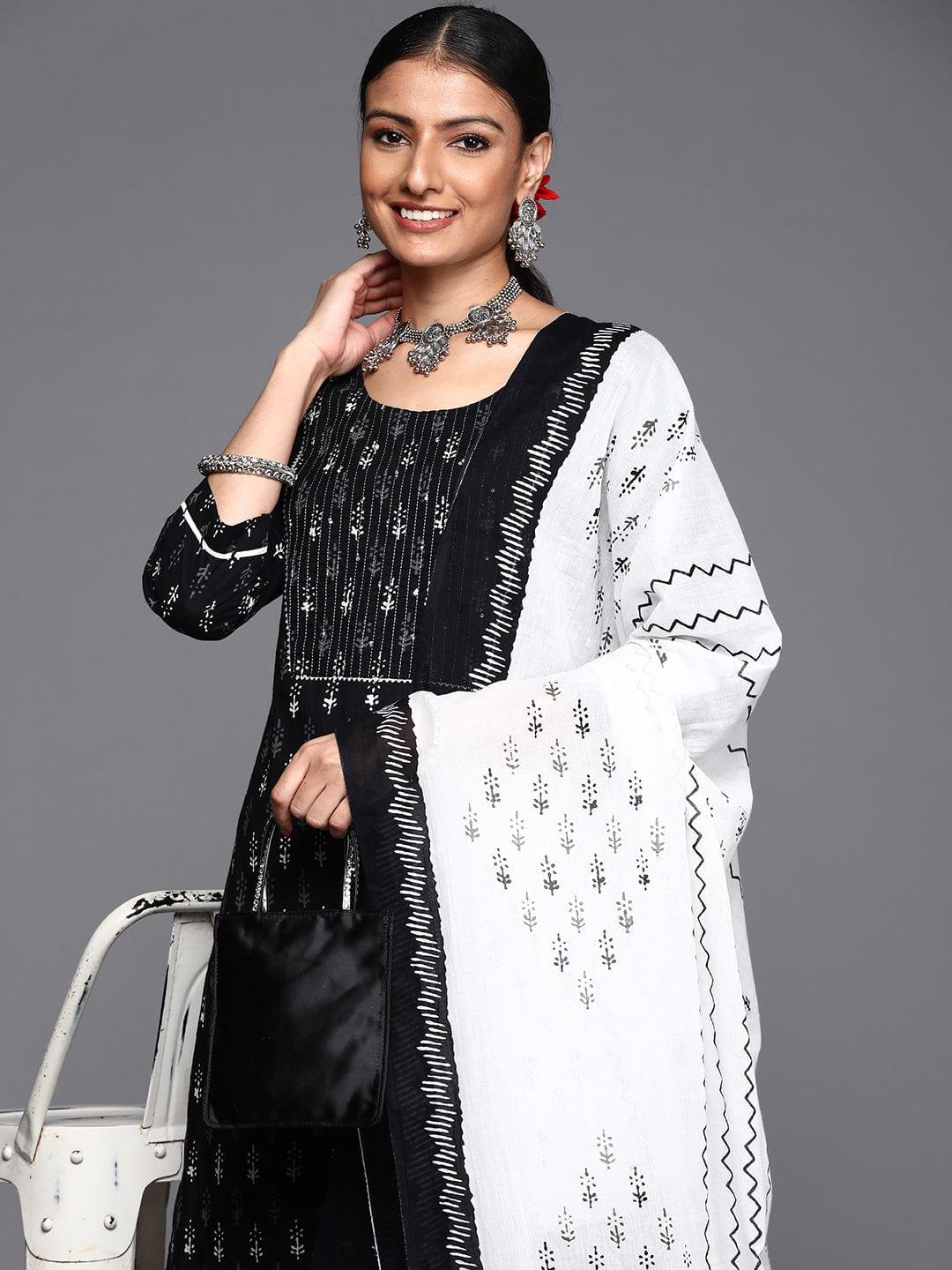 Varanga Women Black Ethnic Motifs Printed Pure Cotton Kurta with Trousers & Dupatta - Indiakreations