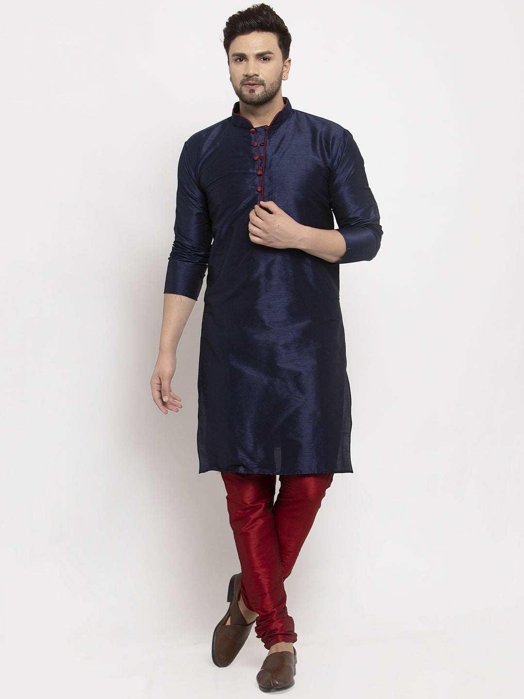 Men's Navy Blue Solid Kurta With Maroon Churidaar Pyjama - Benstoke