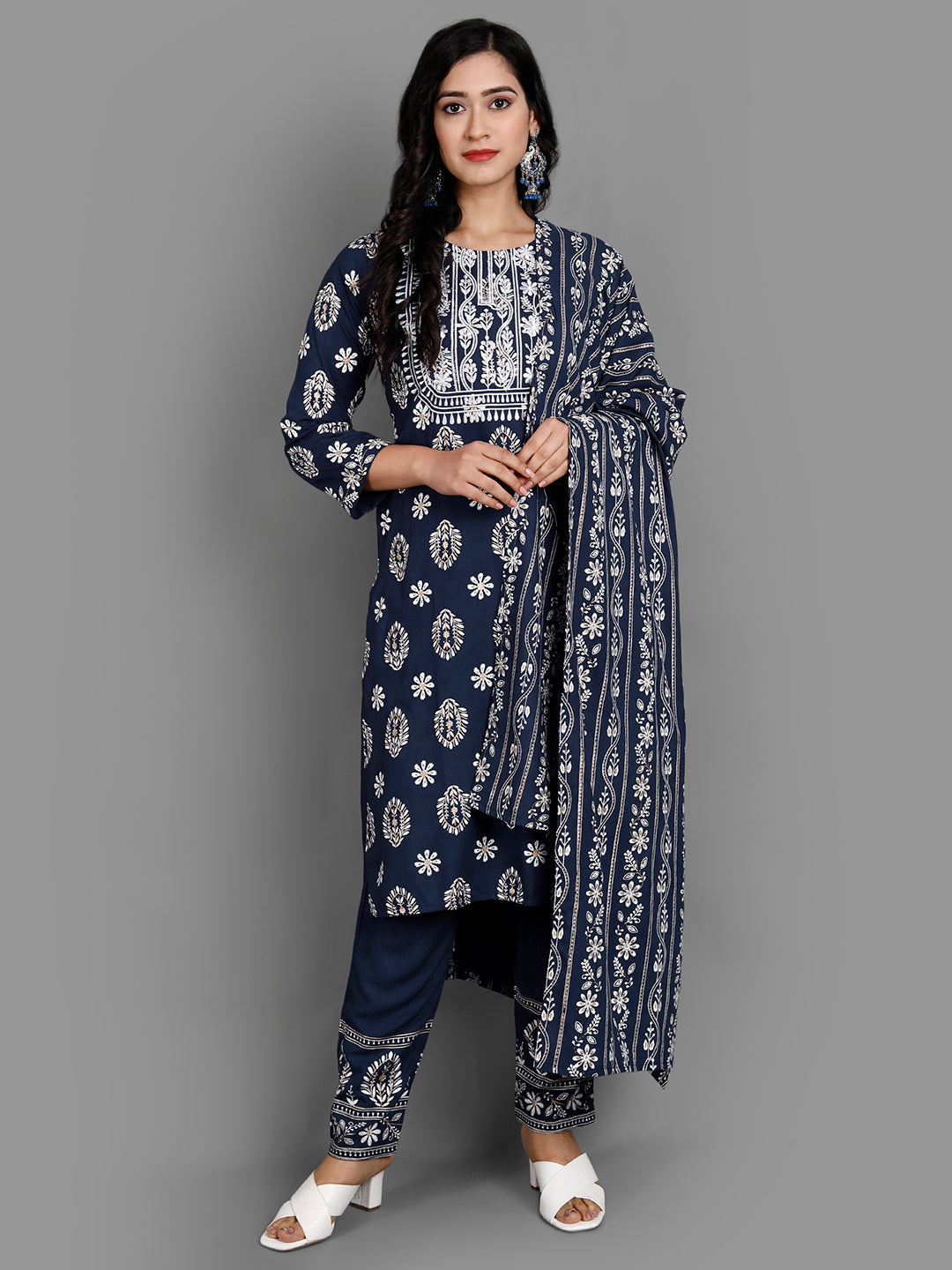 Women's  Blue Rayon Kurta Pant And Dupatta Set - Noz2Toz