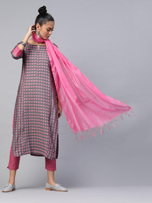 KSUT Grey And Pink Stripe Woven 3/4Th Sleeves Kurta With Slip On Trouser With Pink Silk Dupatta - Indiakreations