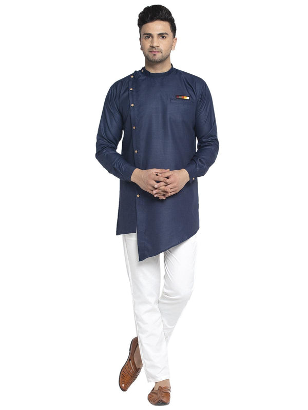 Men's Cotton Navy Blue Asymmetric Solid Kurta With White Trousers - Benstoke - Indiakreations