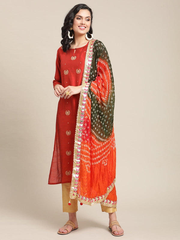 Rust Zari And Sequins Embroidery Kurta With Trouser And Bandhej Silk Dupatta - Indiakreations