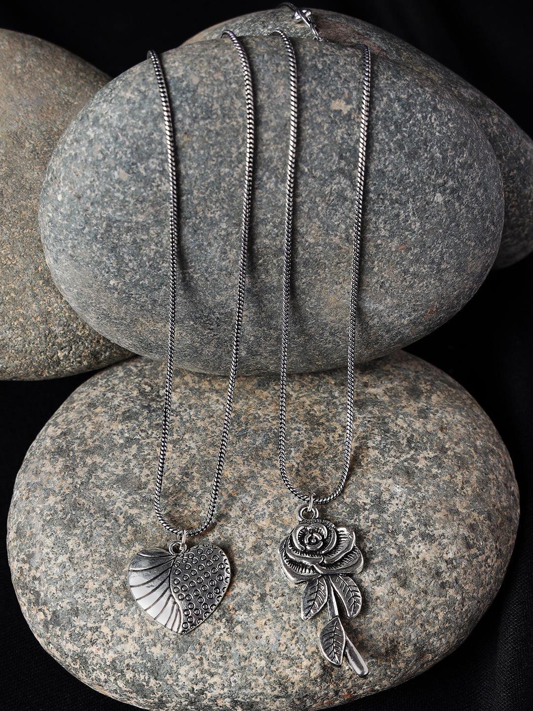 Women's Set of 2 Heart & Rose shaped Oxidised Silver-Toned Textured Necklace - Jazz and Sizzle - Indiakreations