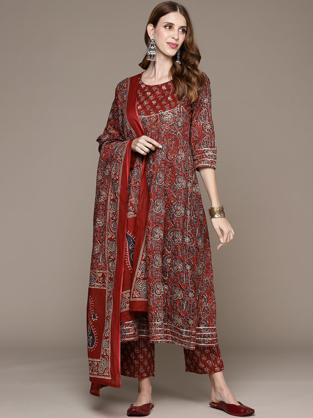 Women's Rust Sequinned Kurta Set With Trousers And Dupatta - Anubhutee