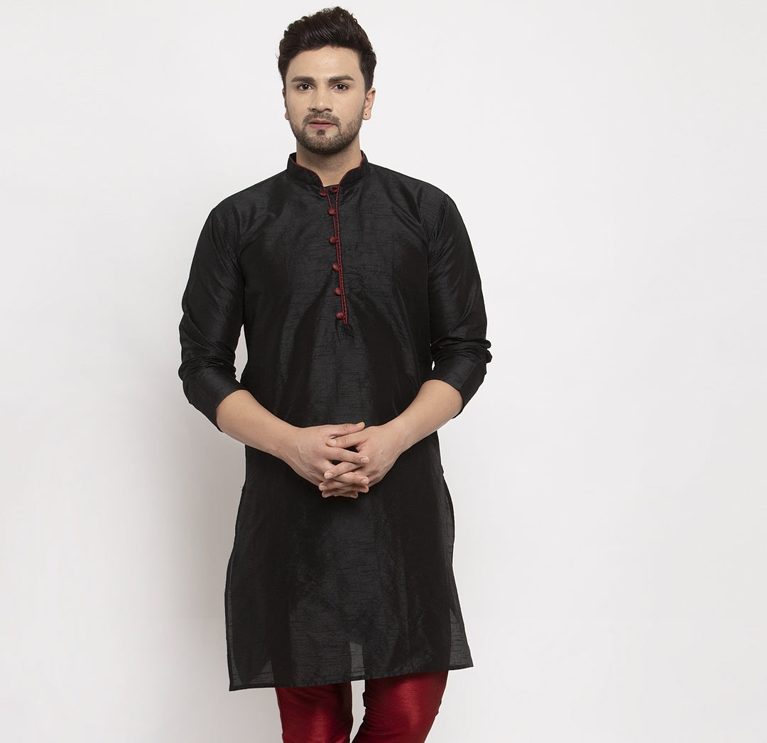 Men's Silk Blend Black Straight Long Kurta - Benstoke