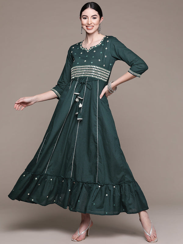 Women's Dark Green Yoke Embroidered Ethnic Dress - Anubhutee