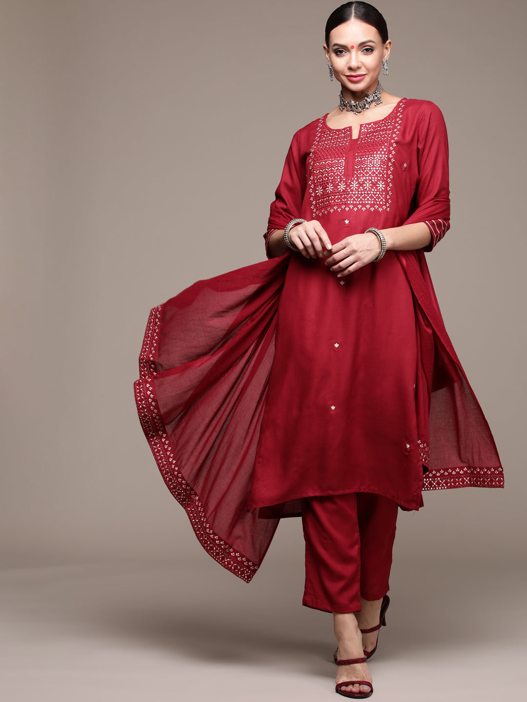 Women's Maroon Mirrorwork Embroidered Kurta Set With Trousers And Dupatta - Anubhutee