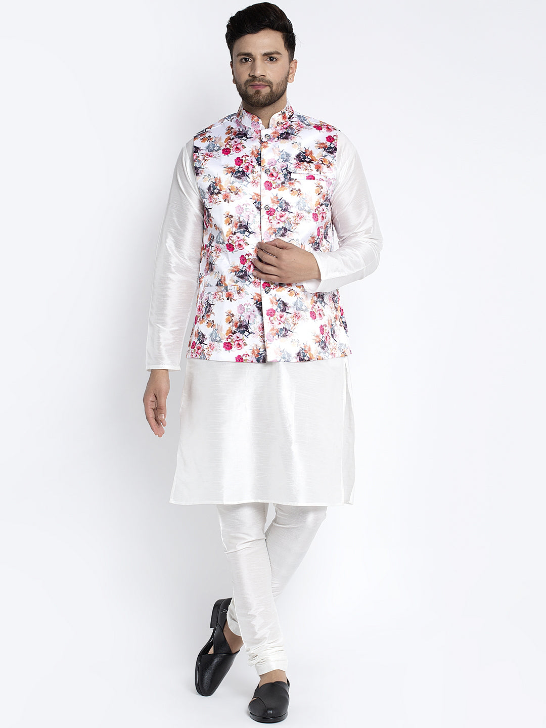 Men's Silk Blend White Kurta With Pyjama & Pink Printed Nehru Jacket - Benstoke