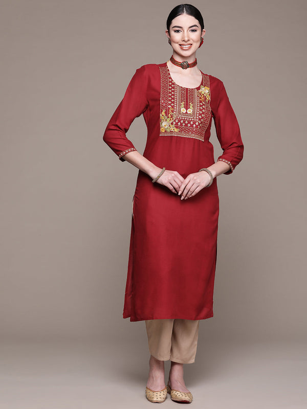 Women's Maroon Yoke Embroidered Kurta with Palazzos - Anubhutee