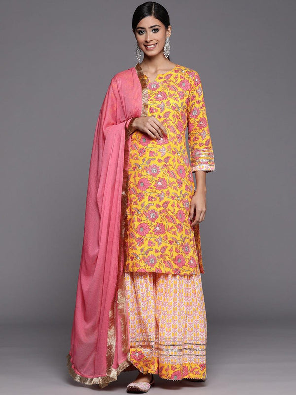 Varanga Women Yellow Floral Printed Pure Cotton Kurta with Sharara & With Dupatta - Indiakreations