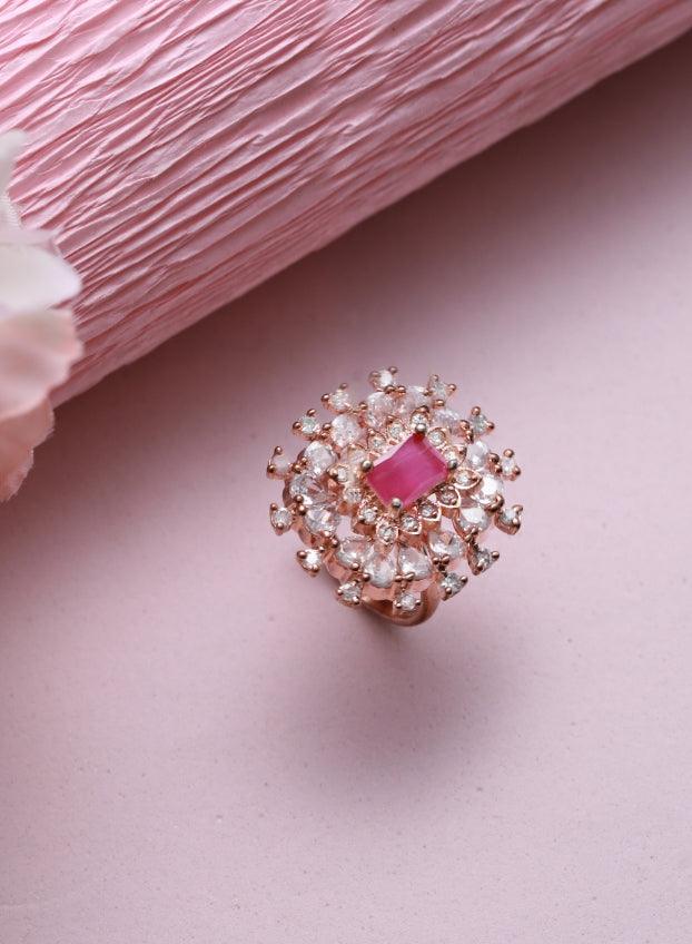 Women's Rose Gold Plated & Pink American Diamond Studded Statement Ring - Jazz And Sizzle - Indiakreations