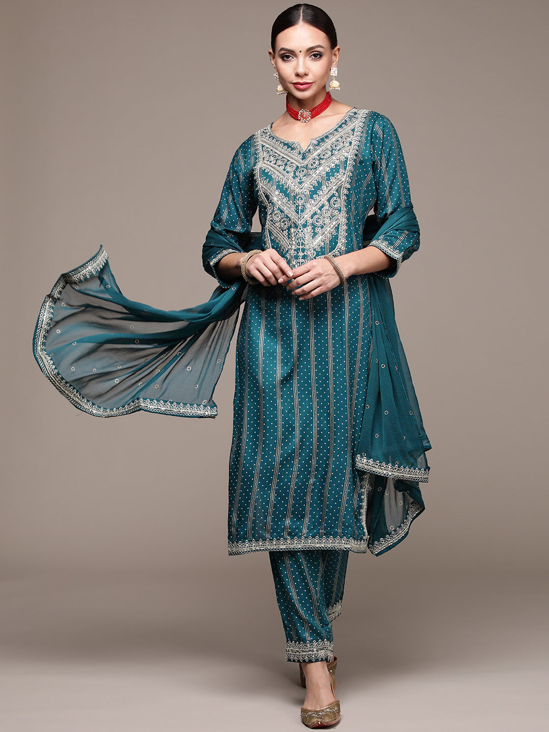 Women's Teal Zari Embroidered Kurta Set With Trousers And Dupatta - Anubhutee