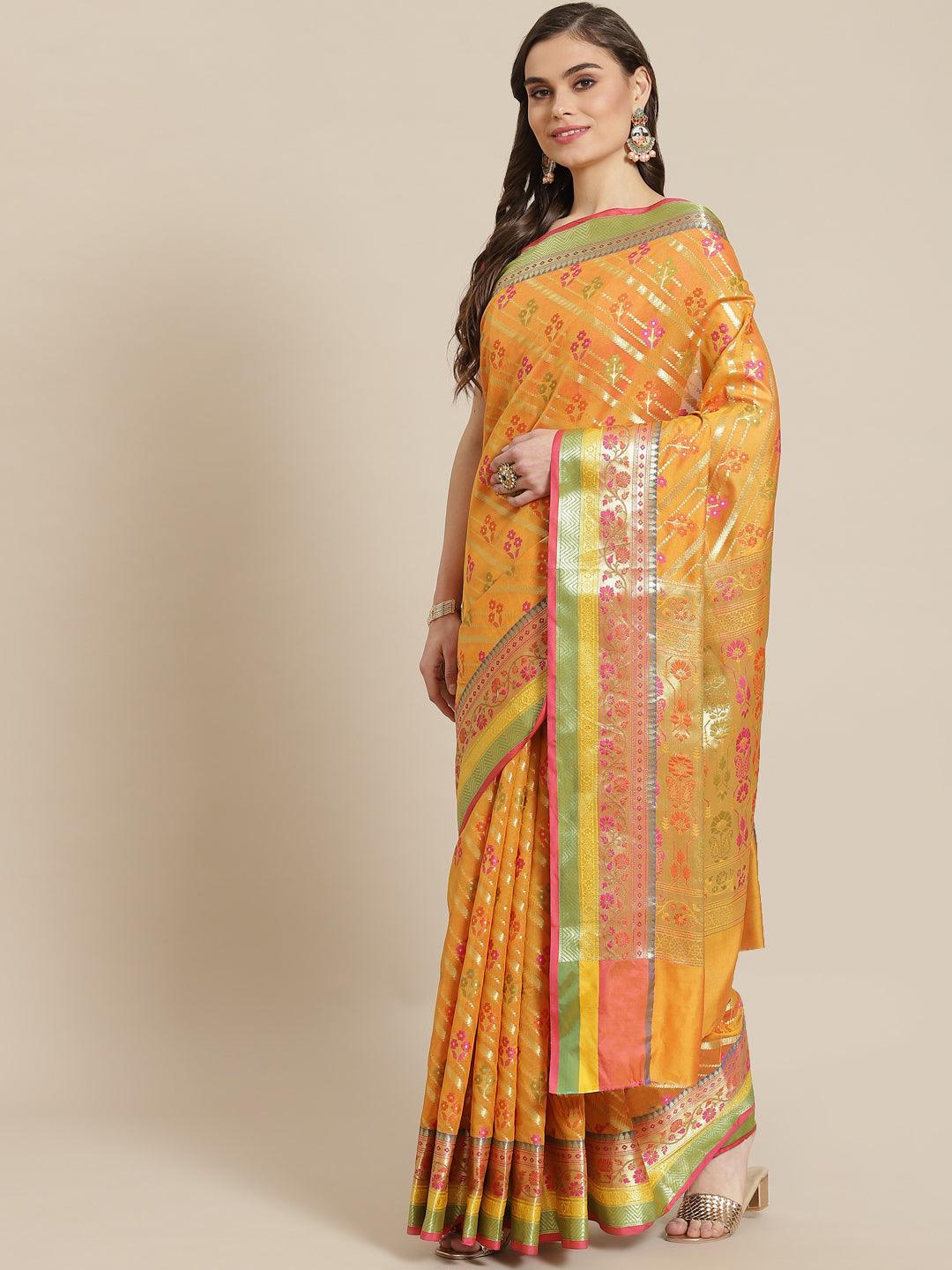 Women's Mustard Silk Jaamdani Cutwork Saree - Varanasi - Indiakreations