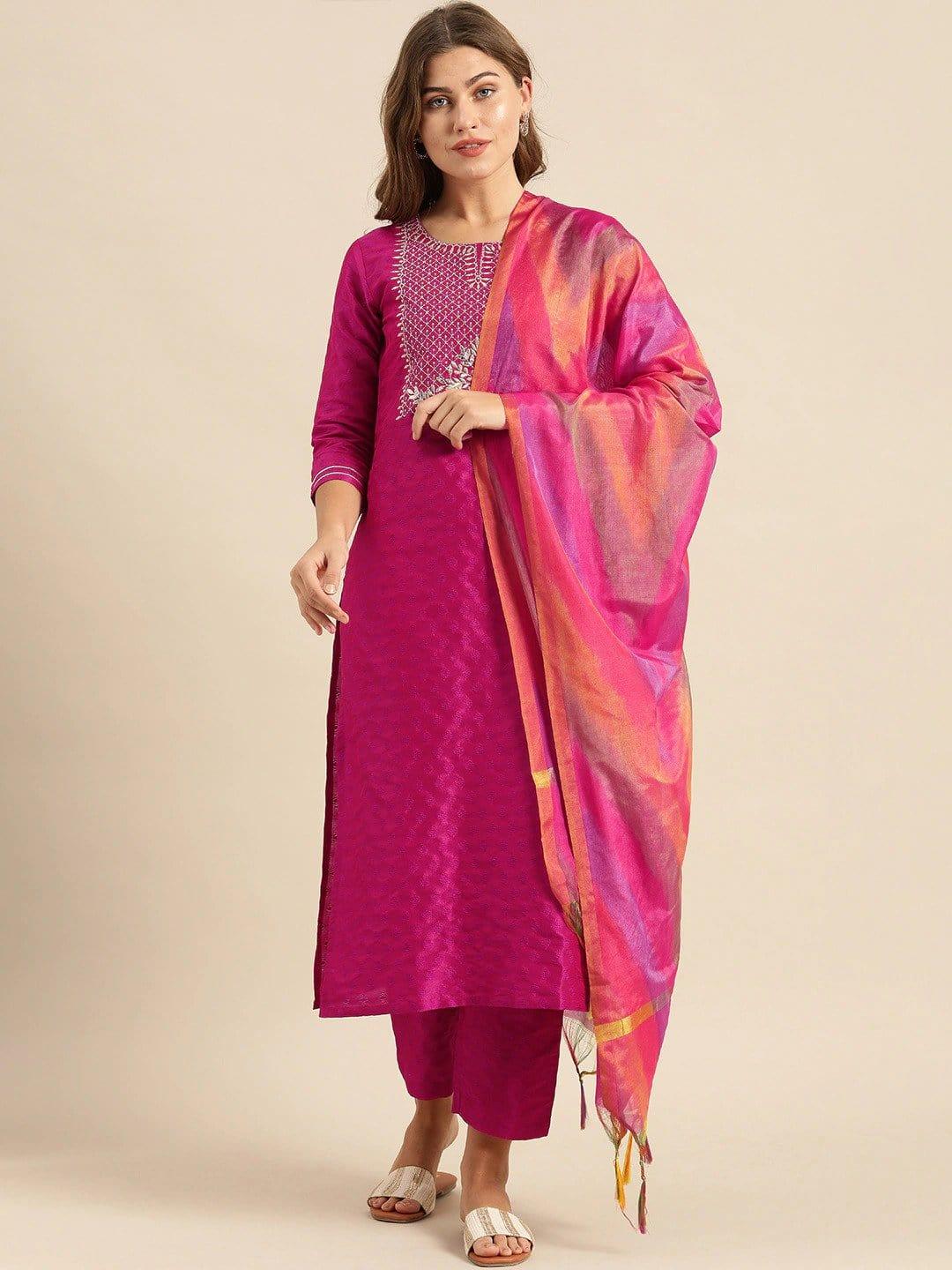 Magenta & Gold-Toned Embroidered Kurta with Trousers & Dupatta - Indiakreations