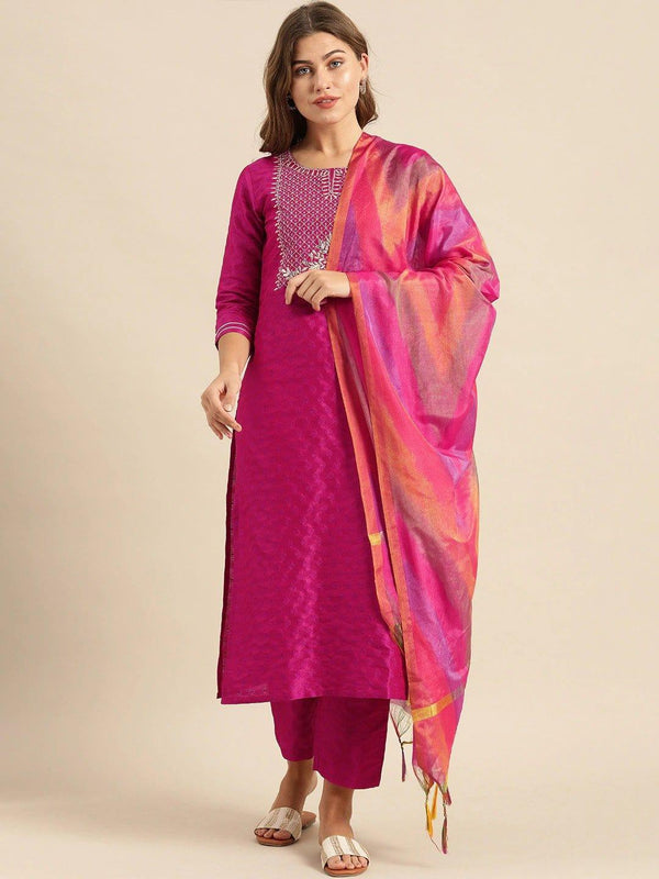 Magenta & Gold-Toned Embroidered Kurta with Trousers & Dupatta - Indiakreations