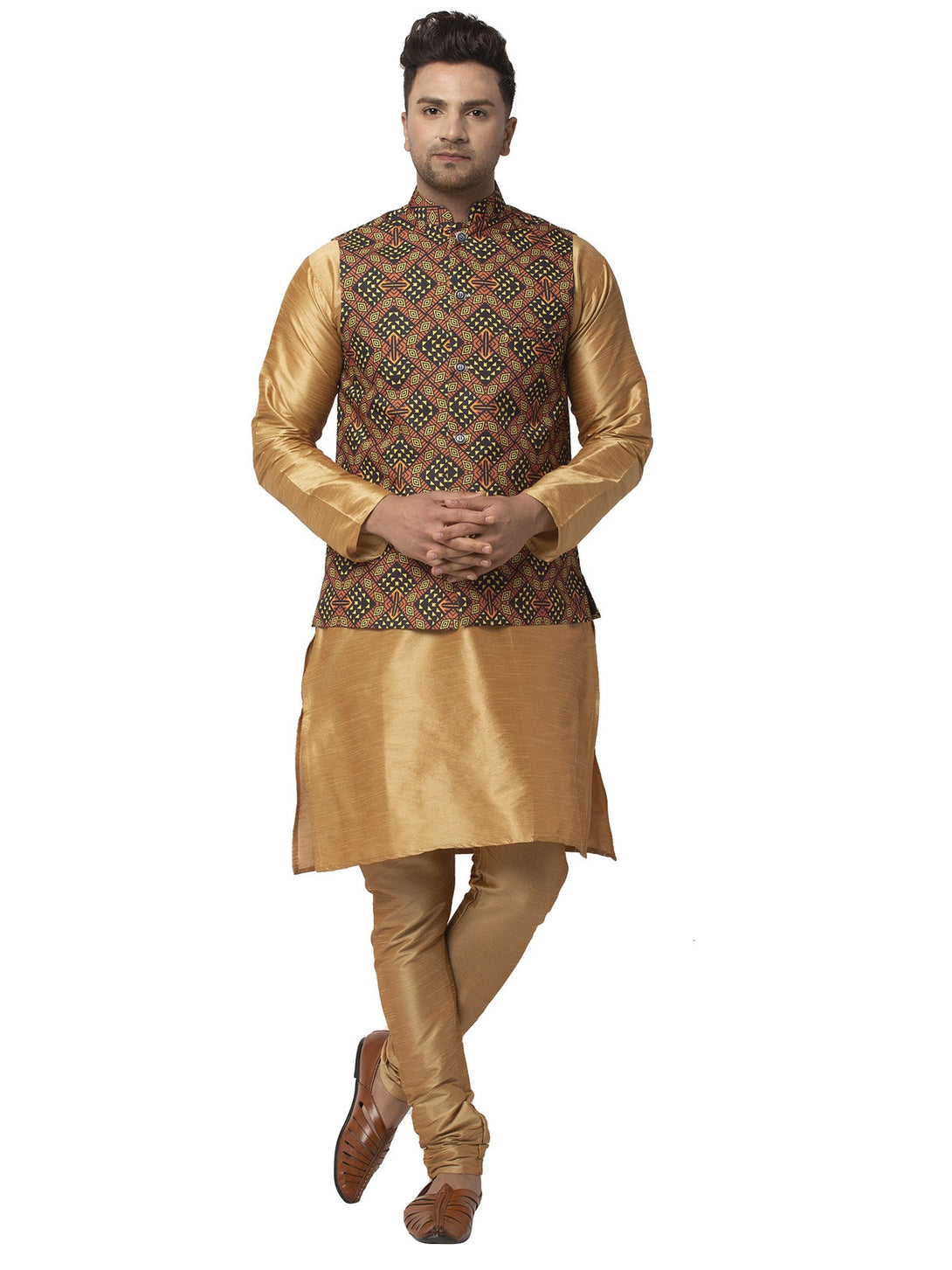 Men's Silk Blend Copper Kurta With Pyjama & Black Printed Nehru Jacket - Benstoke