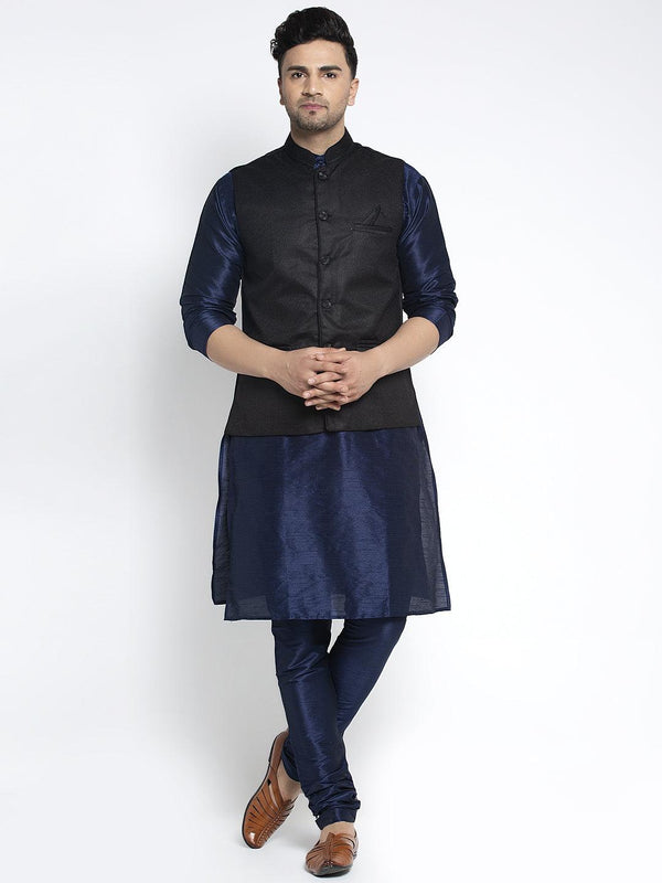 Men's Silk Blend Navy Blue Kurta With Pyjama & Black Nehru Jacket - Benstoke - Indiakreations