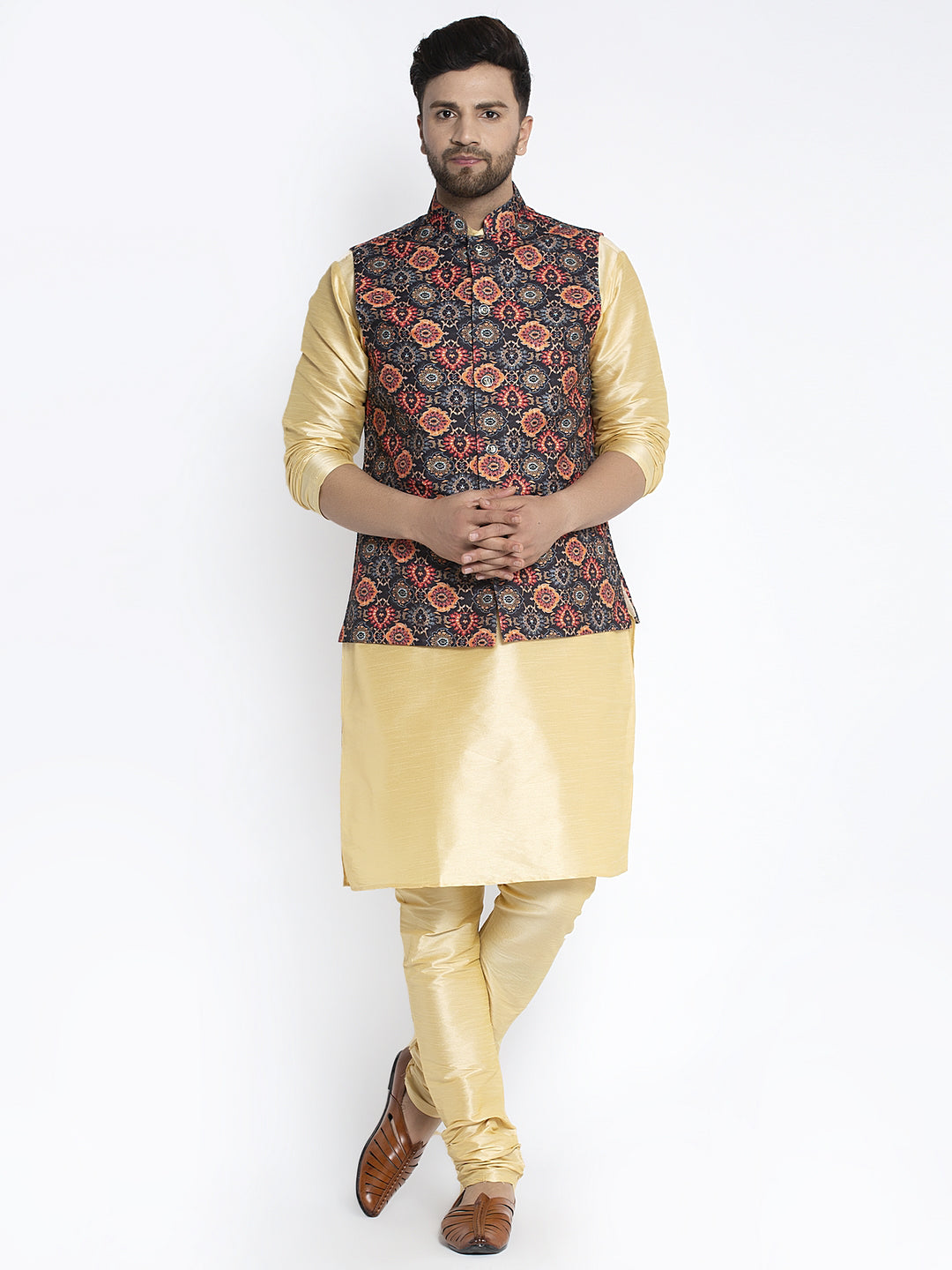 Men's Silk Blend Gold Kurta With Pyjama & Black Printed Nehru Jacket - Benstoke