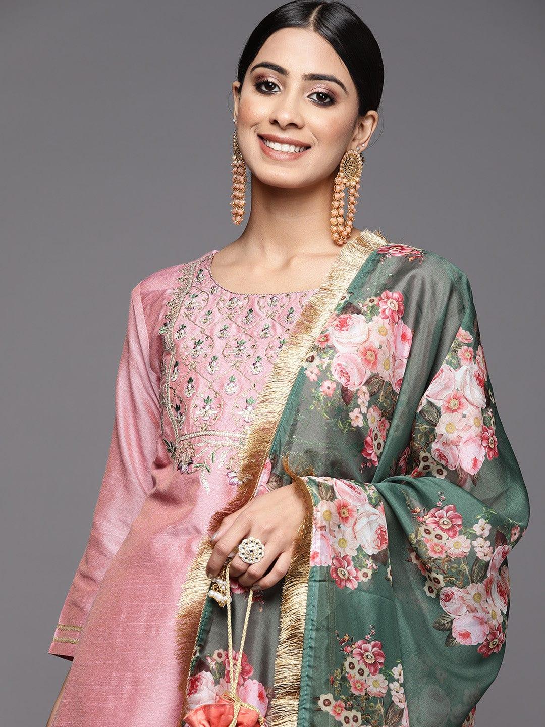 Varanga Women Pink Ethnic Motifs Embroidered Dupion Silk Kurta with Palazzos & With Dupatta - Indiakreations