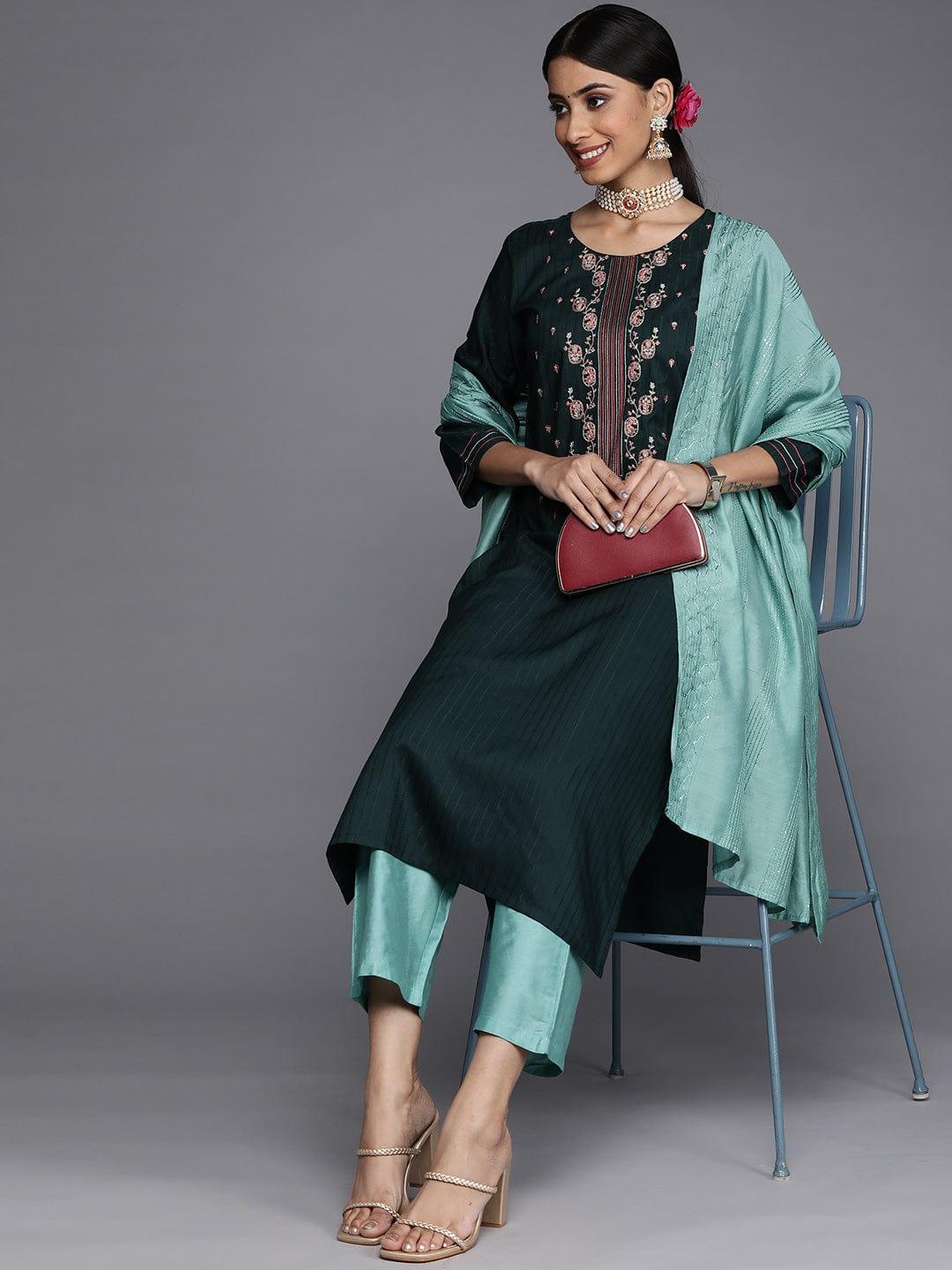 Varanga Women Green Yoke Design Thread Work Dupion Silk Kurta with Trousers & Dupatta - Indiakreations