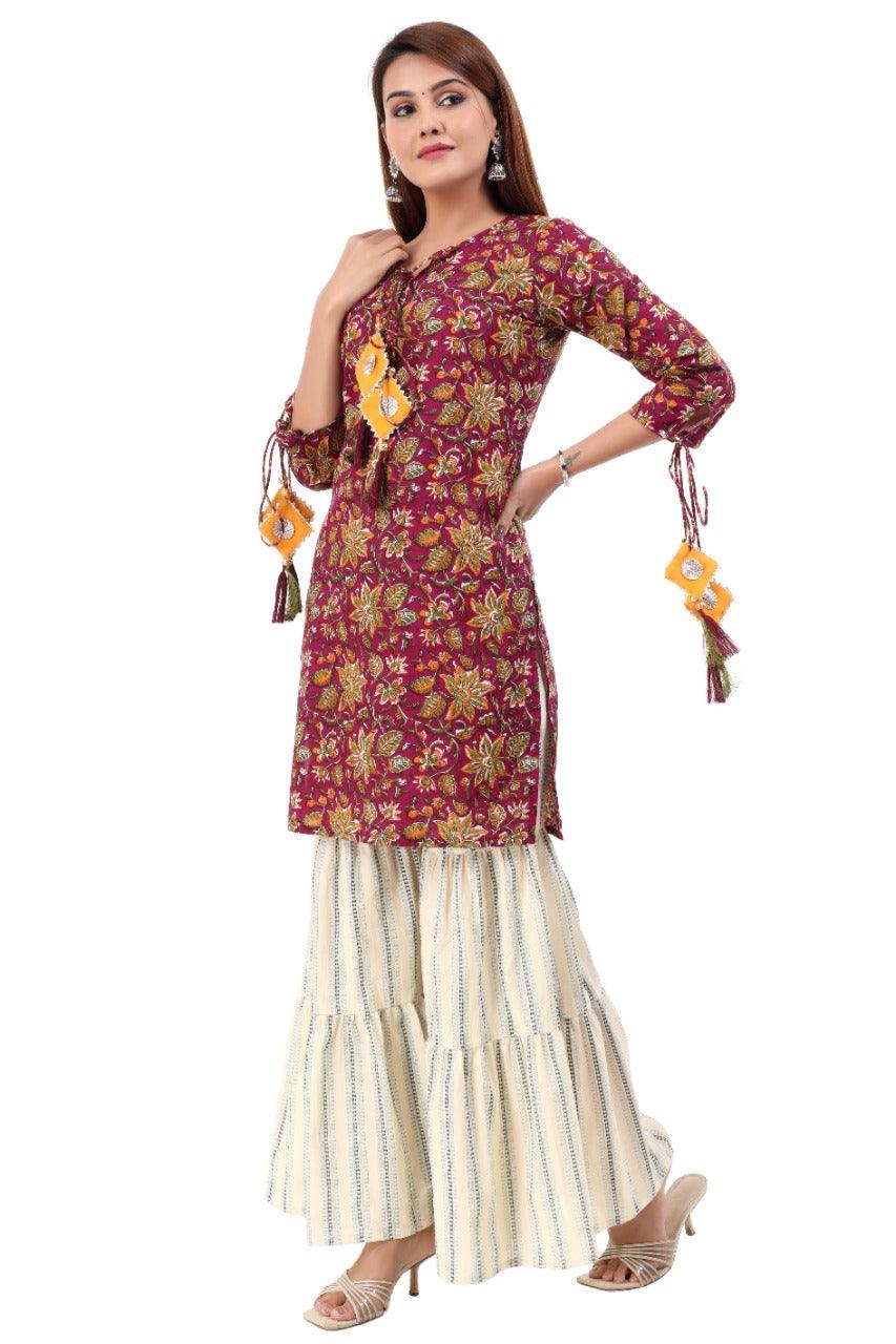 Women's Kurta And Sharara Set Cotton Poly Silk 3Pc - Noz2Toz - Indiakreations