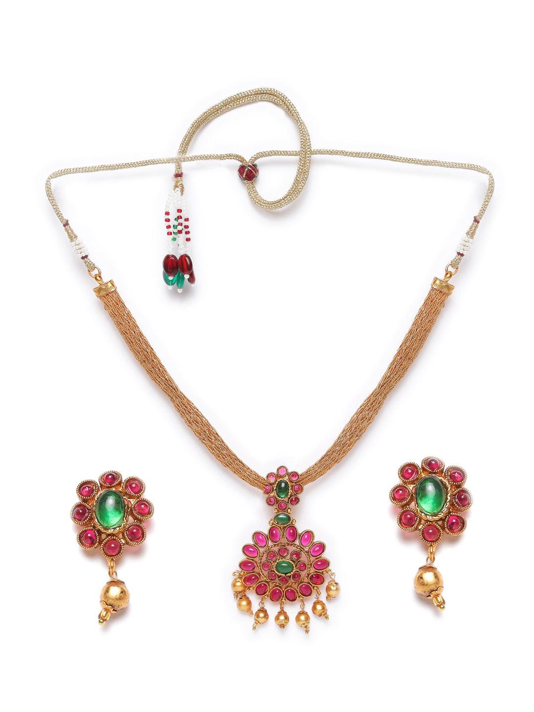 Women's Gold-Plated Pink & Green Stone-Studded & Beaded Handcrafted Jewellery Set - Jazz and Sizzle - Indiakreations