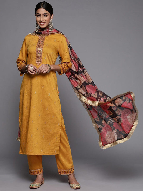 Varanga Women Mustard Yellow Ethnic Motifs Embroidered Sequinned Kurta with Trousers & With Dupatta - Indiakreations