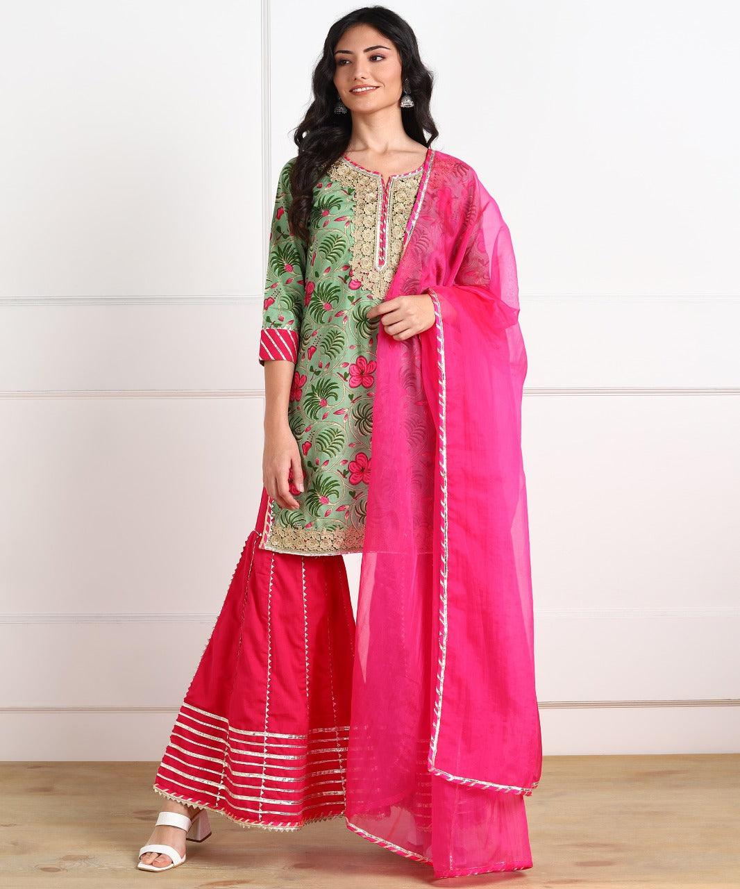 Women's Embroidered, Floral Print Kurta, Sharara & Dupatta Set 3Pc - Noz2Toz - Indiakreations