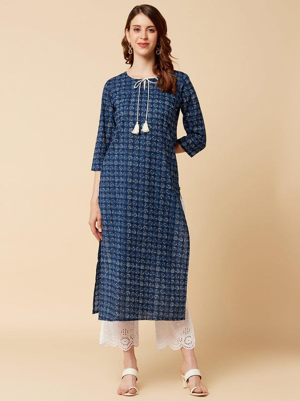 KSUT Indigo Printed Kurta With Keyhole Neckline And 3/4Th Sleeves - Indiakreations