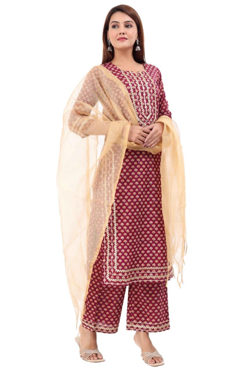 Women's Floral Print Kurta, Palazzo & Dupatta Set 3Pc - Noz2Toz - Indiakreations