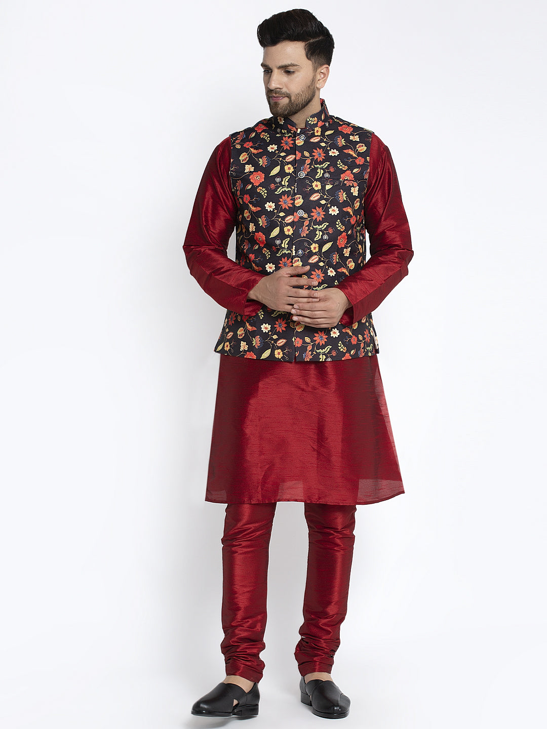 Men's Silk Blend Maroon Kurta With Pyjama & Black Printed Nehru Jacket - Benstoke