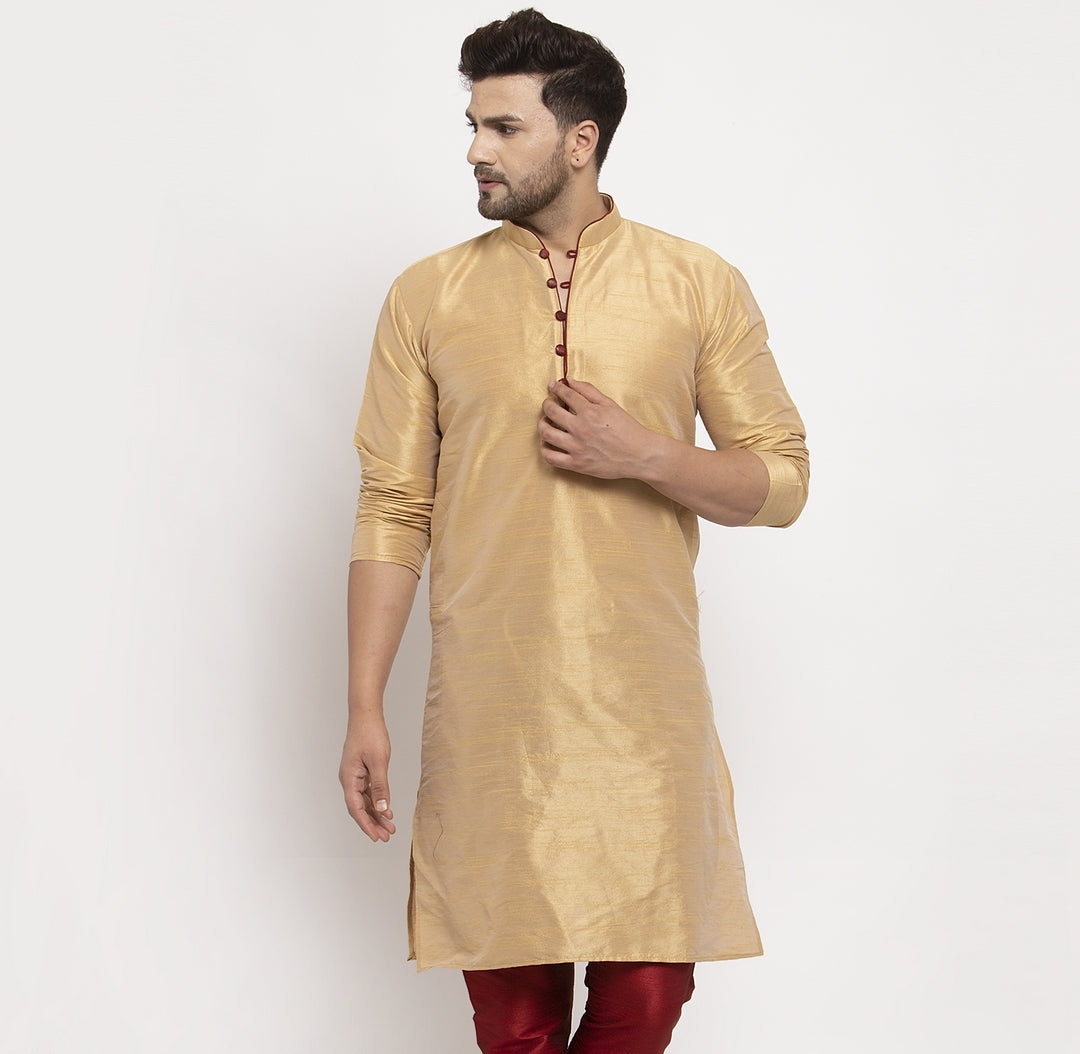 Men's Silk Blend Gold Straight Long Kurta - Benstoke