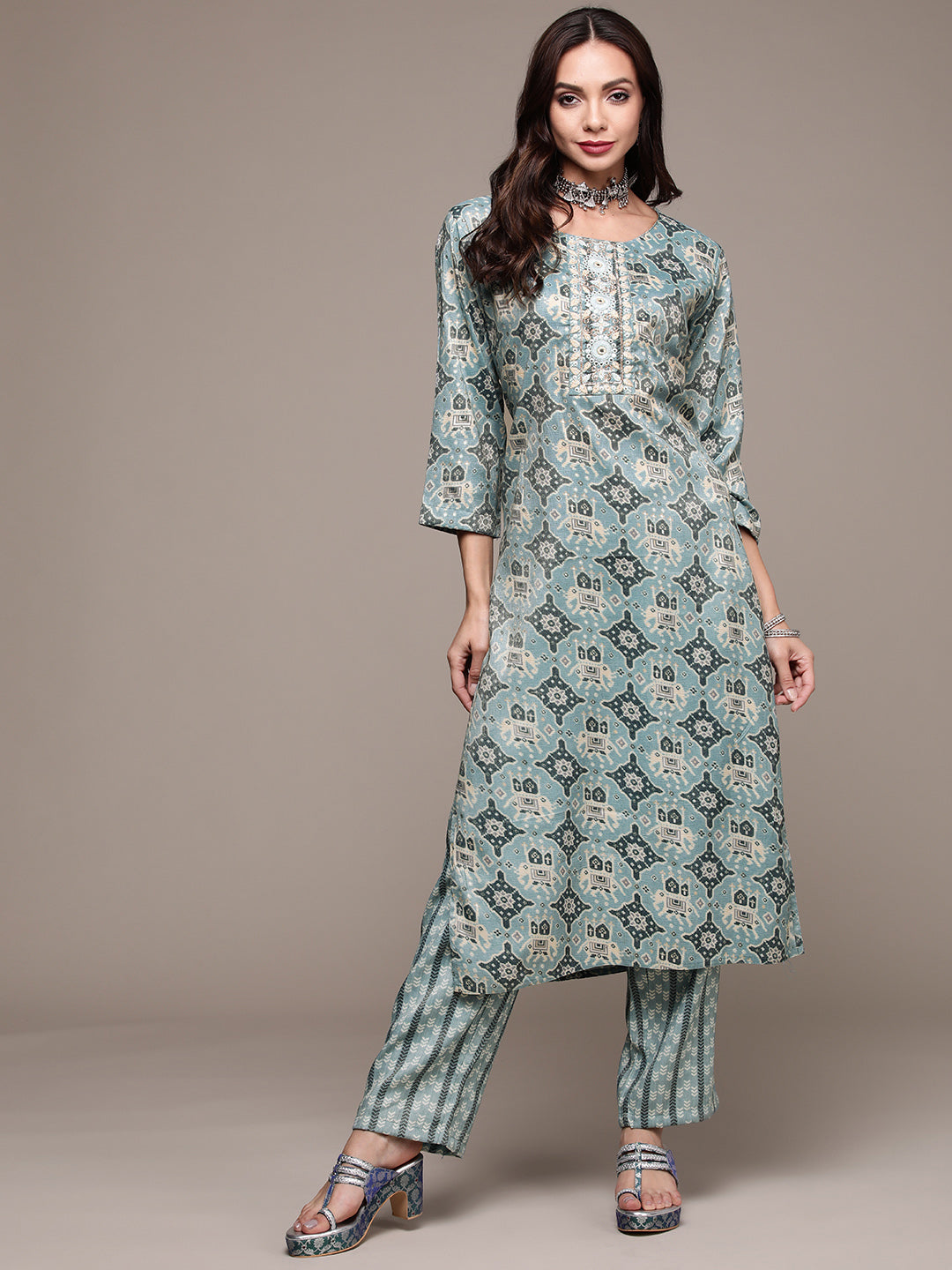 Women's Blue Abstract Printed Embroidered Kurta With Trousers  - Anubhutee