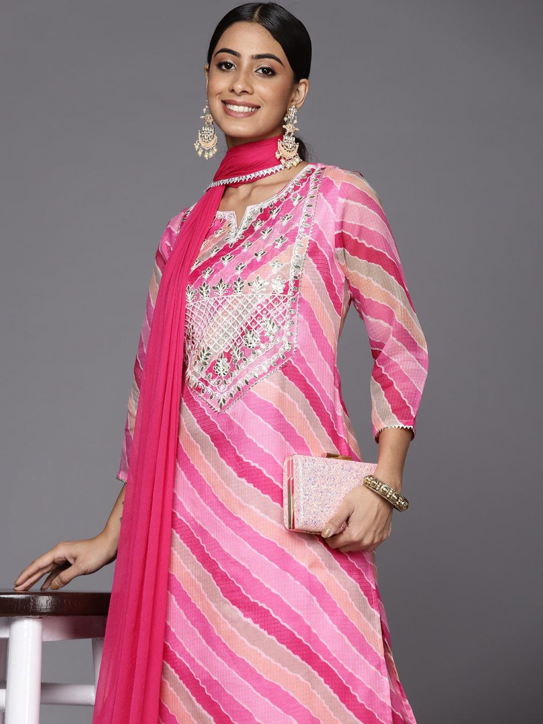 Varanga Women Pink Leheriya Printed Gotta Patti Chanderi Cotton Kurta with Sharara & With Dupatta - Indiakreations