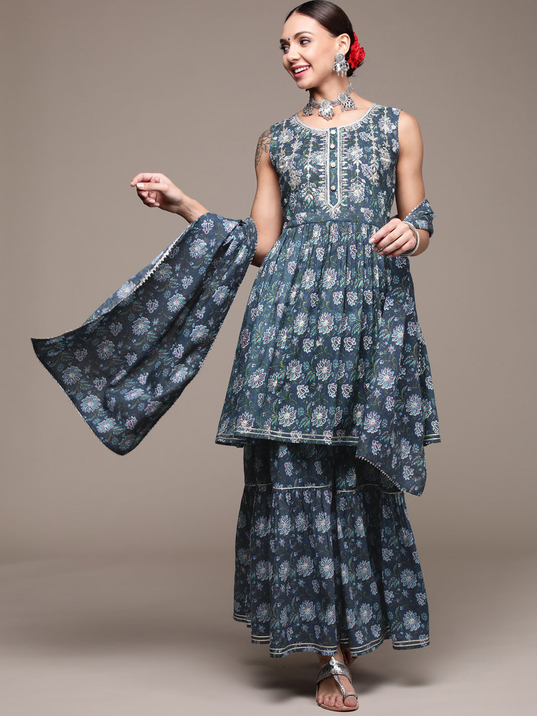 Women's Navy Blue Zari Embroidered Printed Kurta Set With Sharara And Dupatta - Anubhutee