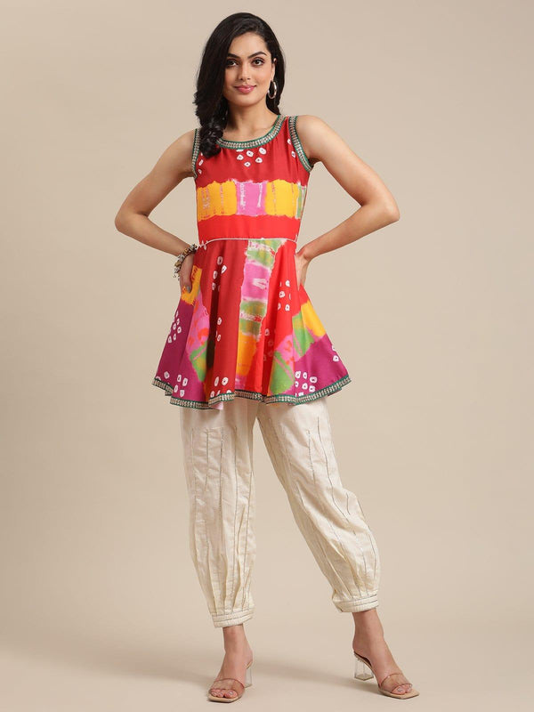 Red And Mustard Bandhej Printed Silk Flared Tunic With Gota Work Trouser - Indiakreations