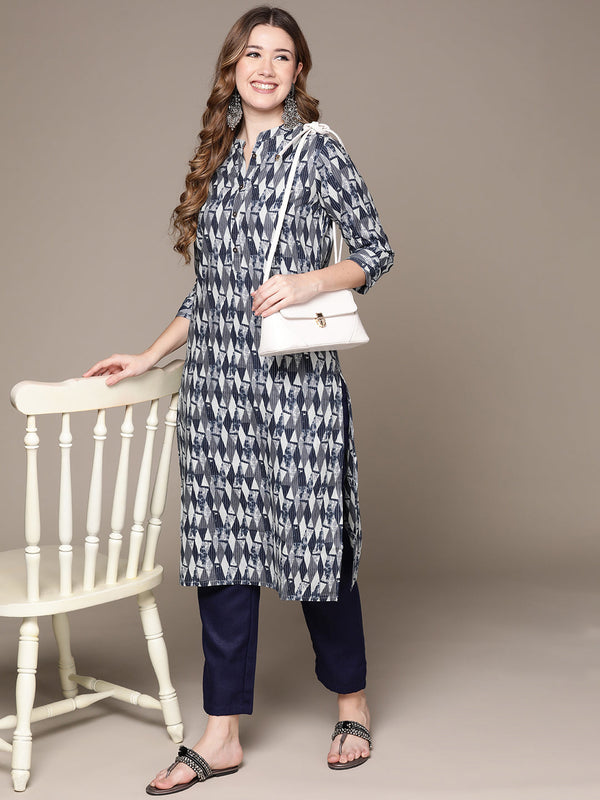 Women's Blue Grey Cotton Kantha Kurta Set with Trousers - Anubhutee