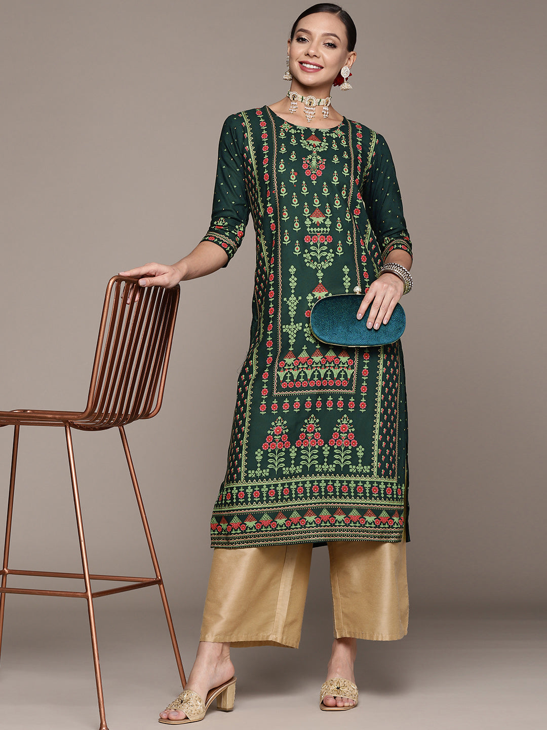 Women's Dark Green Ethnic Motifs Printed Rayon Kurta - Anubhutee