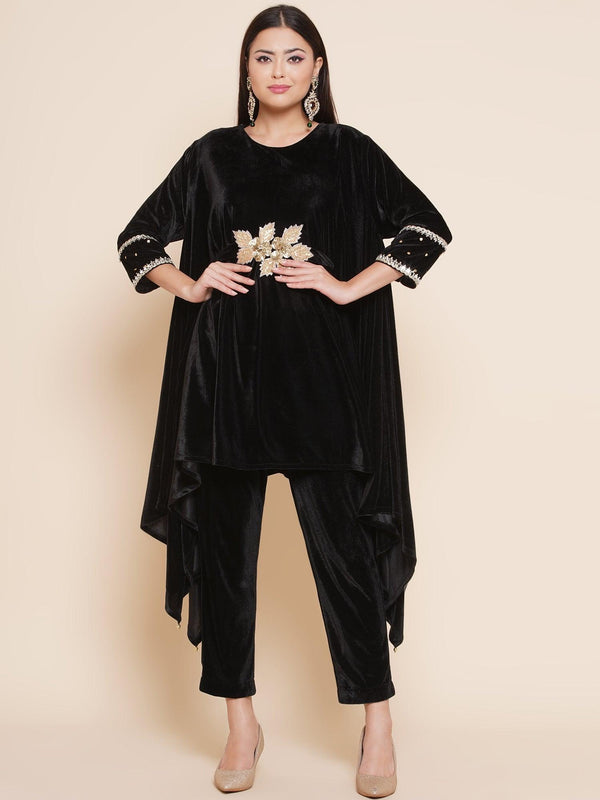 Women's Black Velvet Kaftaan Style Kurta With Pants - Women Republic - Indiakreations