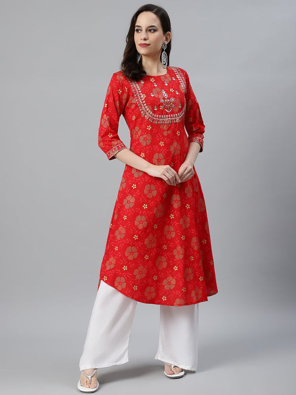 Women's Red Yoke Embroidered Kurta - Anubhutee